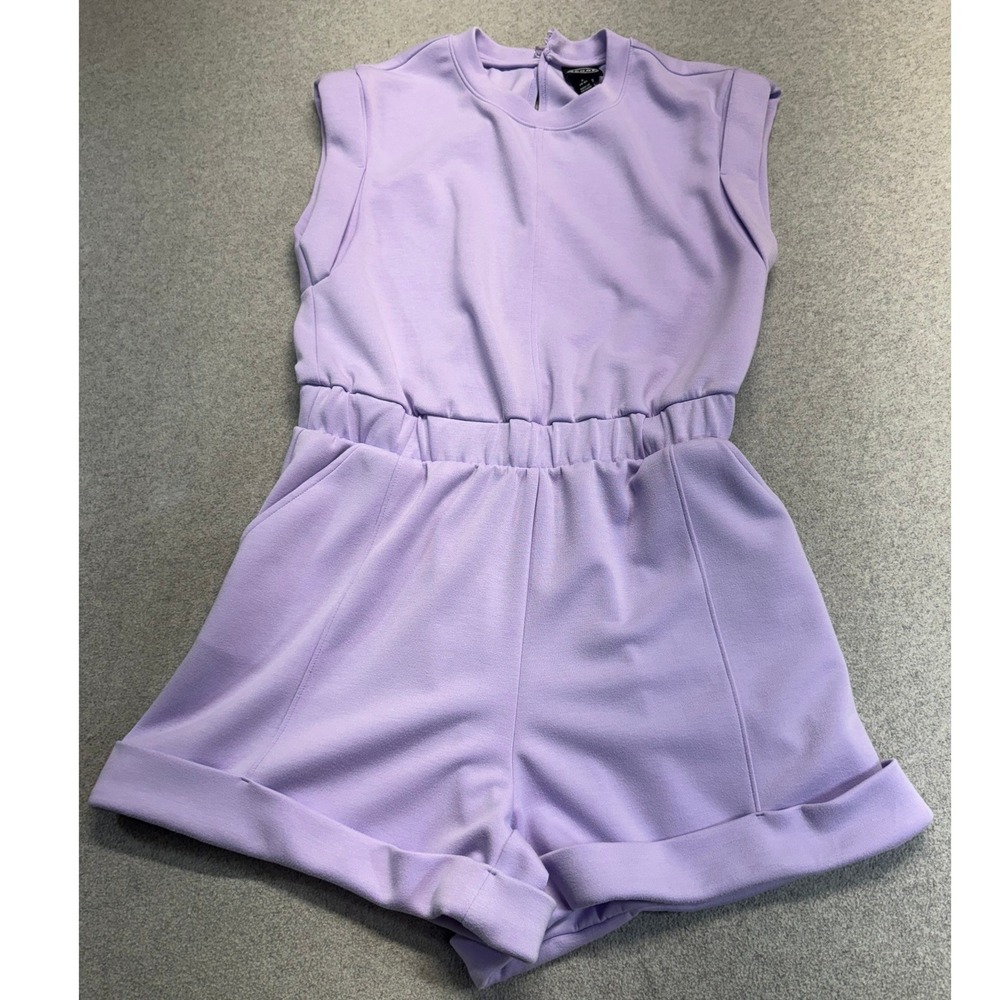 Scoop Women's Small Lavender Romper Mock‎ Neck Elastic Waist Pockets Cuffed